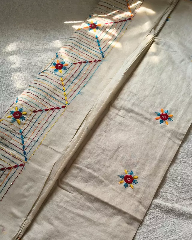 Chanderi silk cotton with kantha stitch floral design - Blue