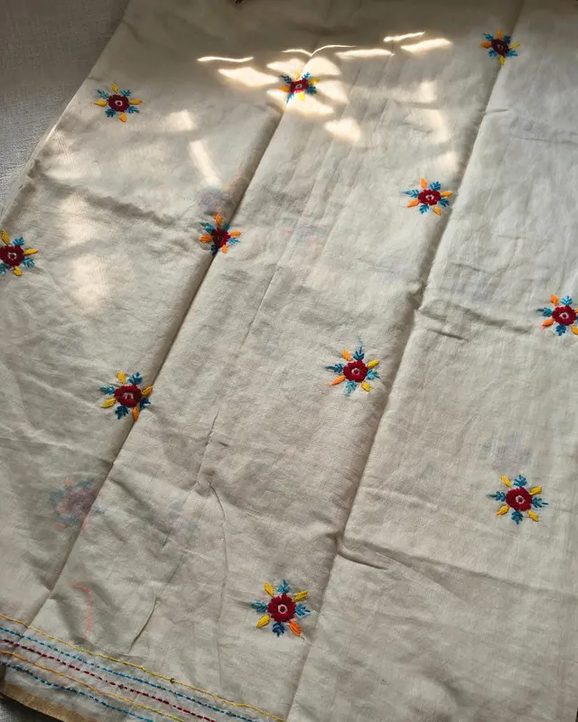 Chanderi silk cotton with kantha stitch floral design - Blue