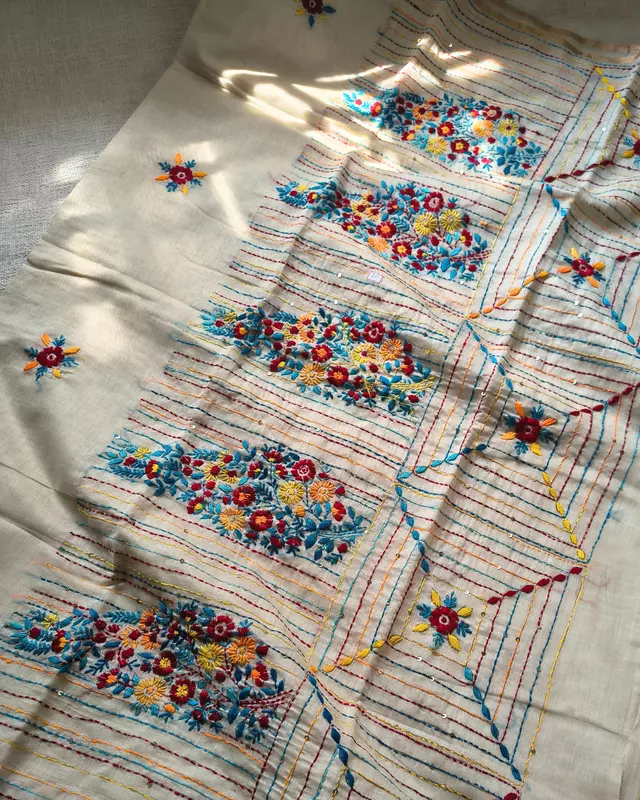 Chanderi silk cotton with kantha stitch floral design - Blue