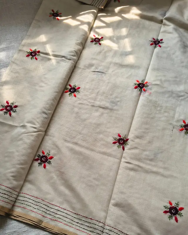Chanderi silk cotton with kantha stitch floral design - Maroon