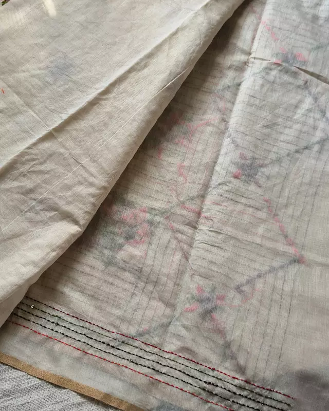 Chanderi silk cotton with kantha stitch floral design - Maroon