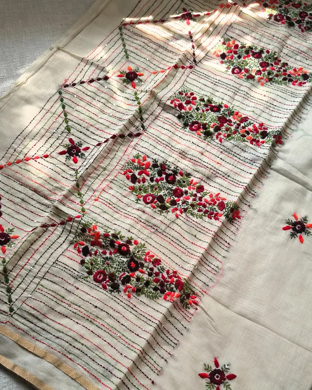 Chanderi silk cotton with kantha stitch floral design - Maroon