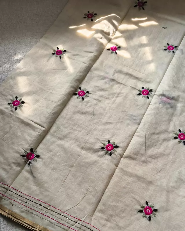 Chanderi silk cotton with kantha stitch floral design - Pink