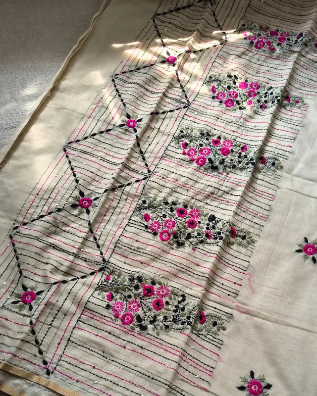 Chanderi silk cotton with kantha stitch floral design - Pink
