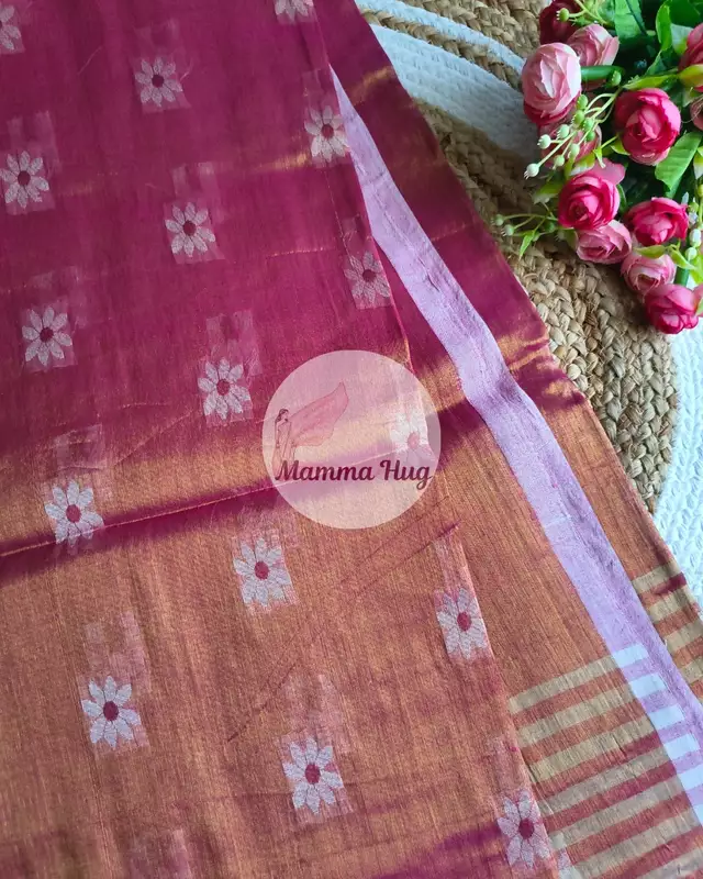 Cotton Tissue Saree with Machine Embroidery Design - Dark Pink