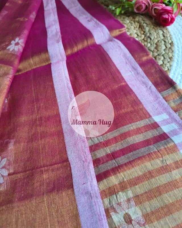 Cotton Tissue Saree with Machine Embroidery Design - Dark Pink