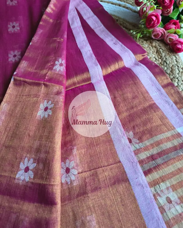 Cotton Tissue Saree with Machine Embroidery Design - Dark Pink