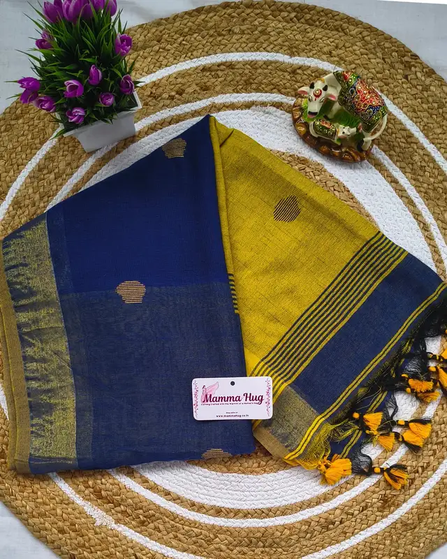 Khadi Cotton Handloom Saree Butta Design - Mustard Yellow