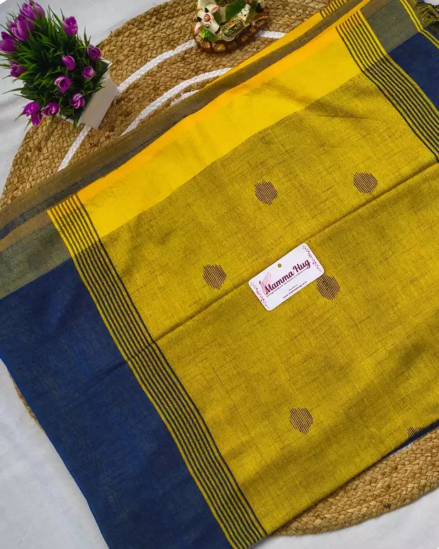 Khadi Cotton Handloom Saree Butta Design - Mustard Yellow