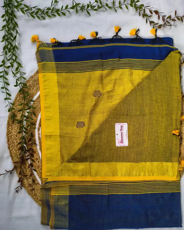 Khadi Cotton Handloom Saree Butta Design - Mustard Yellow