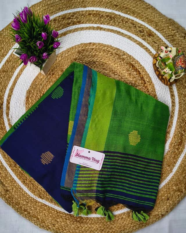 Khadi Cotton Handloom Saree Butta Design - Green