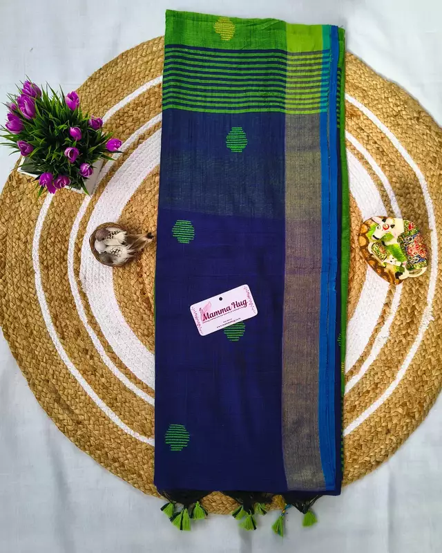 Khadi Cotton Handloom Saree Butta Design - Green