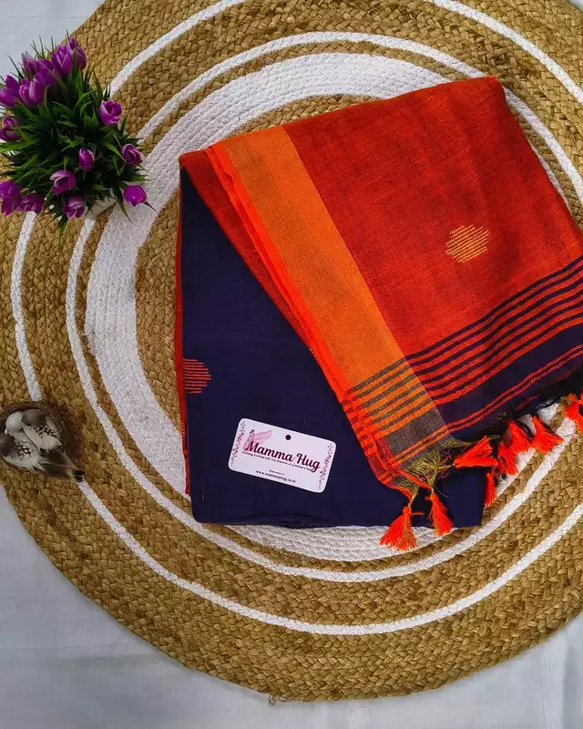Khadi Cotton Handloom Saree Butta Design - Rust Orange