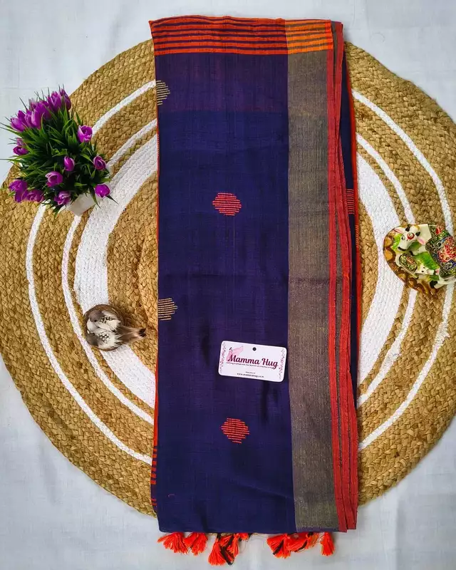 Khadi Cotton Handloom Saree Butta Design - Rust Orange