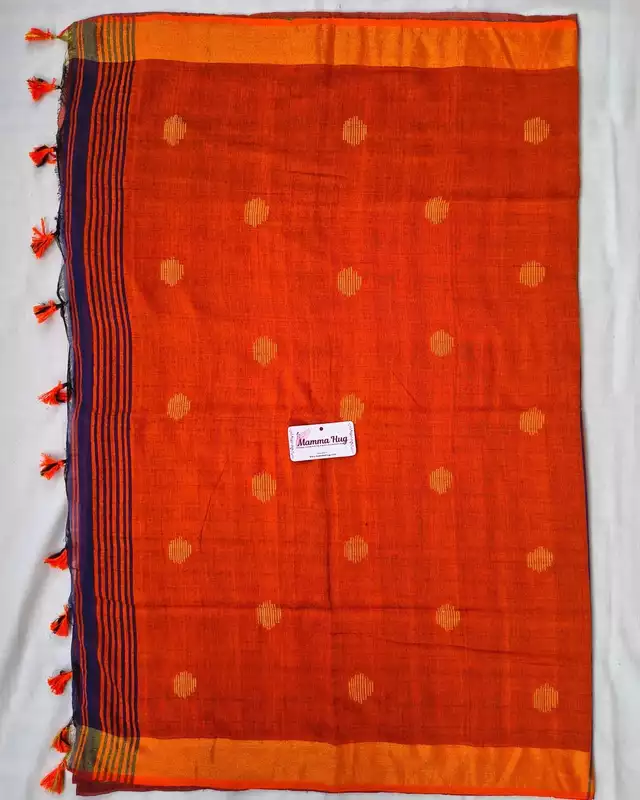 Khadi Cotton Handloom Saree Butta Design - Rust Orange