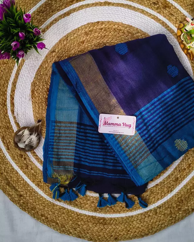 Khadi Cotton Handloom Saree Butta Design - Peacock Blue