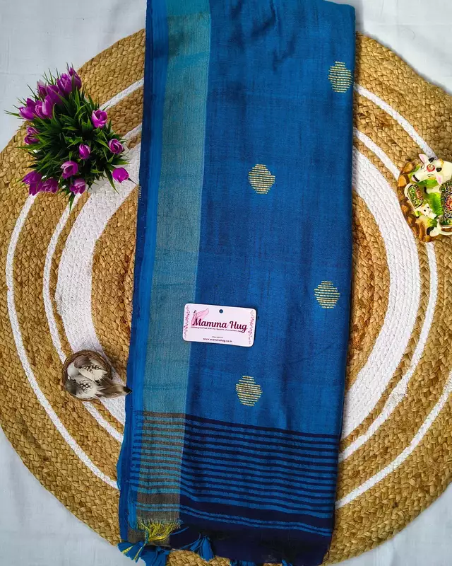 Khadi Cotton Handloom Saree Butta Design - Peacock Blue