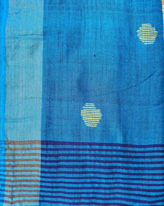 Khadi Cotton Handloom Saree Butta Design - Peacock Blue