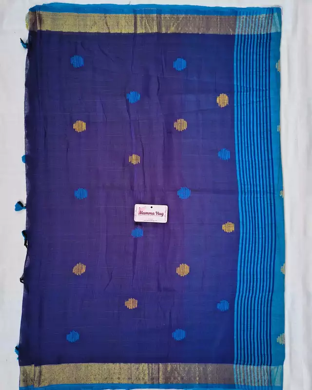 Khadi Cotton Handloom Saree Butta Design - Peacock Blue