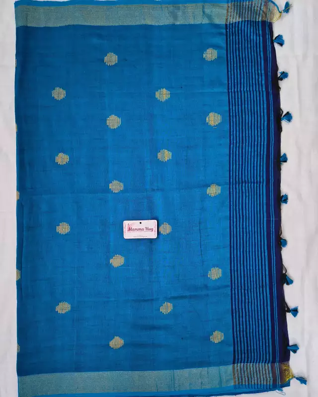 Khadi Cotton Handloom Saree Butta Design - Peacock Blue
