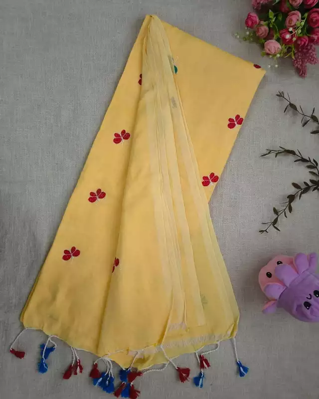 Khadi Cotton Handloom Saree Butterfly Embroidery - Light Yellow