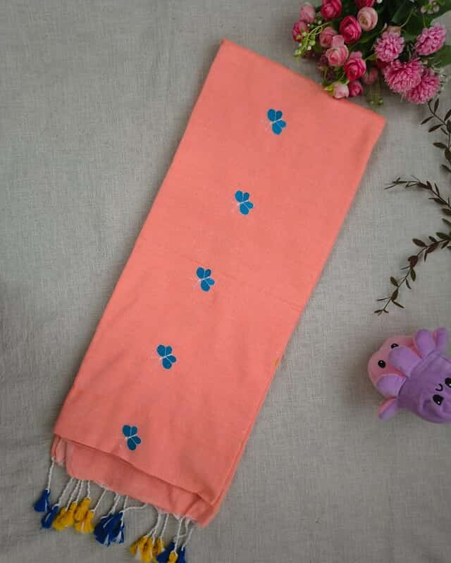 Khadi Cotton Handloom Saree Butterfly Embroidery - Peach