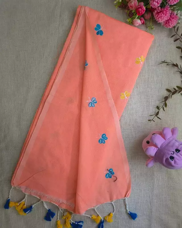 Khadi Cotton Handloom Saree Butterfly Embroidery - Peach