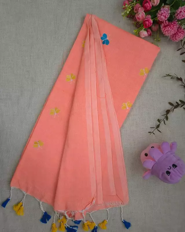 Khadi Cotton Handloom Saree Butterfly Embroidery - Peach