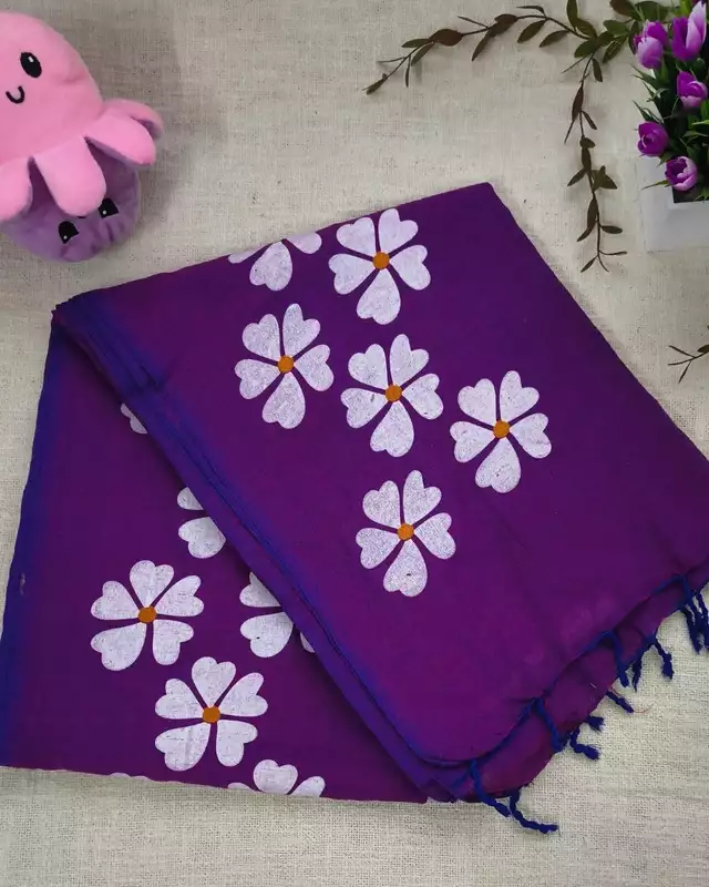 Khadi Cotton Handloom Saree Floral Painted - Dark Purple