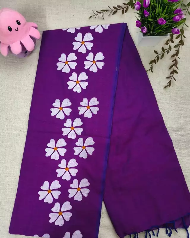 Khadi Cotton Handloom Saree Floral Painted - Dark Purple