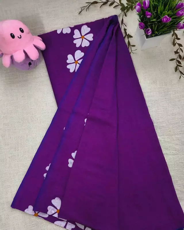 Khadi Cotton Handloom Saree Floral Painted - Dark Purple
