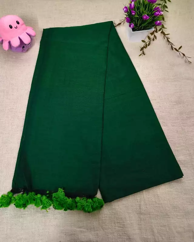 Khadi Cotton Handloom Saree Plain - Bottle Green
