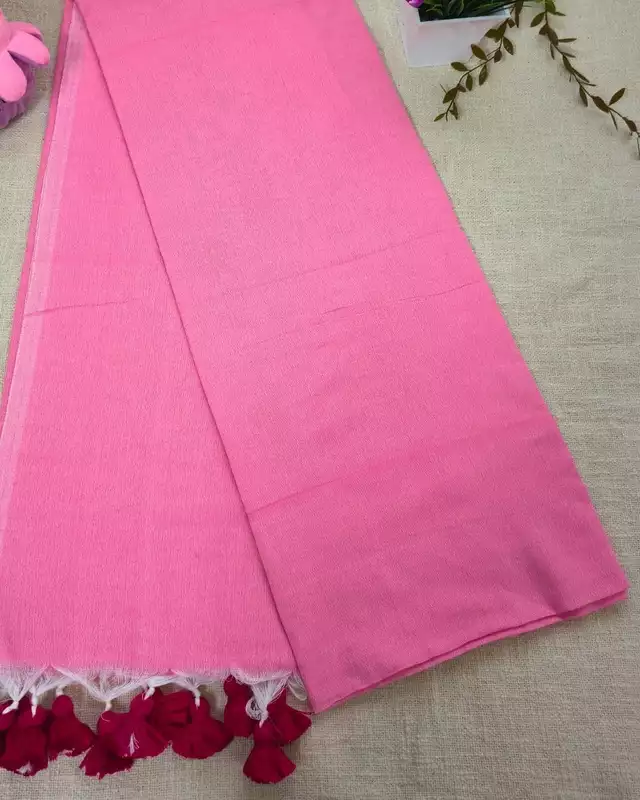 Khadi Cotton Handloom Saree Plain - Pink