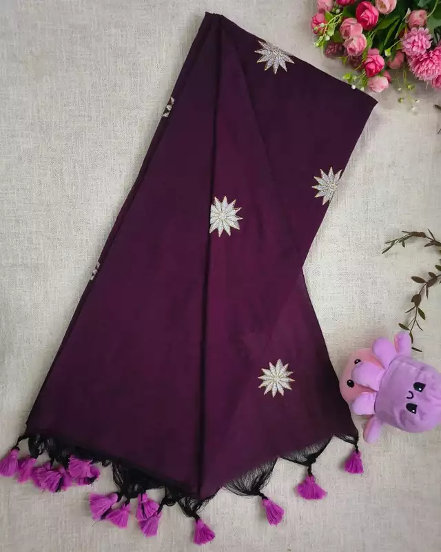 Khadi Cotton Handloom Saree Star Embroidery - Dark Magenta