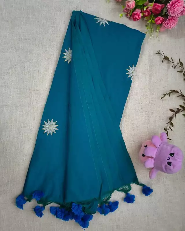 Khadi Cotton Handloom Saree Star Embroidery - Peacock Blue