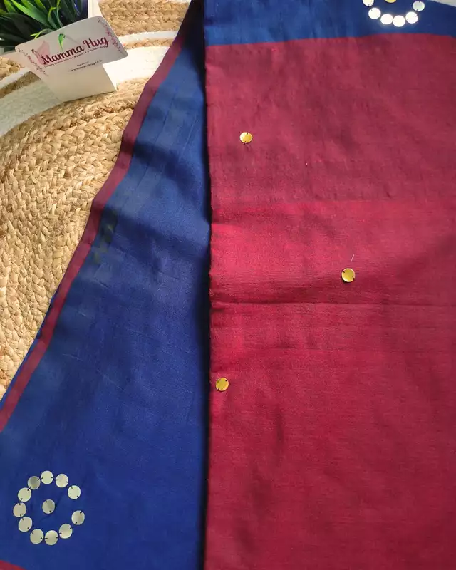 Khadi Cotton Handloom Saree with Mirror design - Dark Blue & Crimson