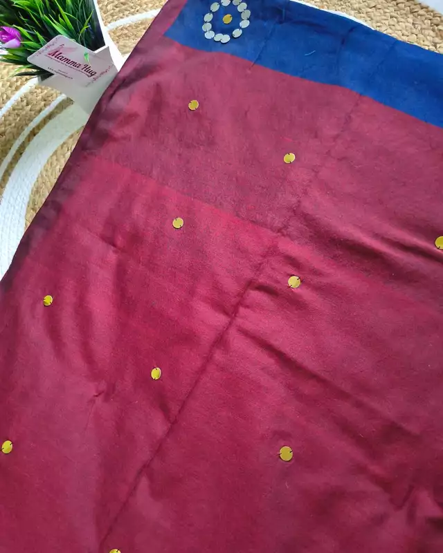 Khadi Cotton Handloom Saree with Mirror design - Dark Blue & Crimson