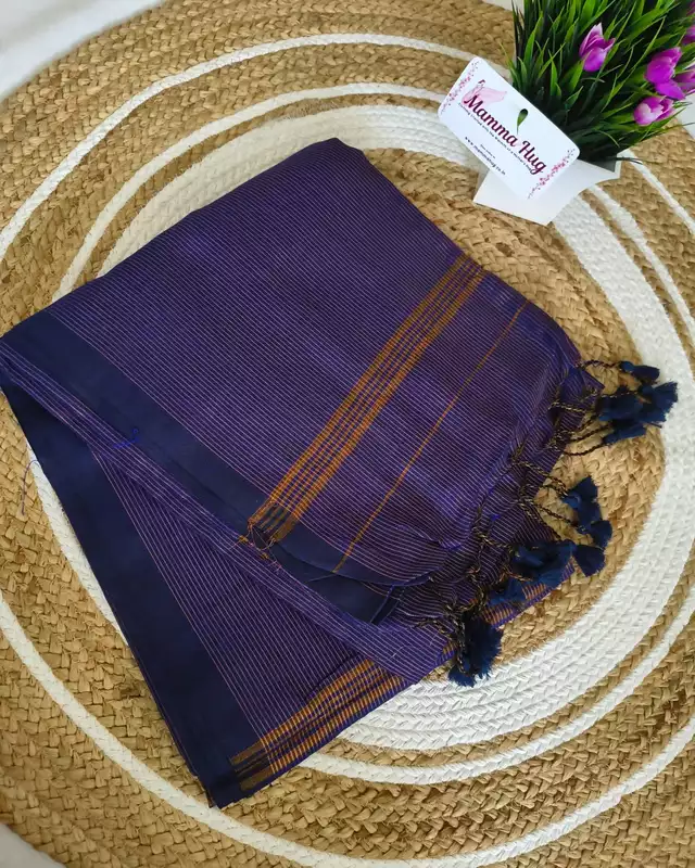 Khadi Cotton Handloom Saree Zari Woven - Navy Blue