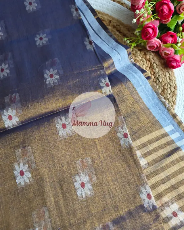 Cotton Tissue Saree with Machine Embroidery Design - Golden Blue