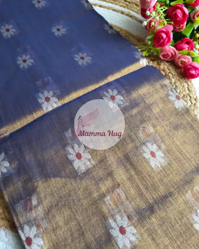 Cotton Tissue Saree with Machine Embroidery Design - Golden Blue