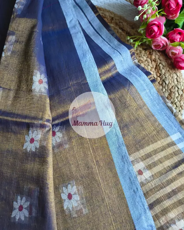 Cotton Tissue Saree with Machine Embroidery Design - Golden Blue