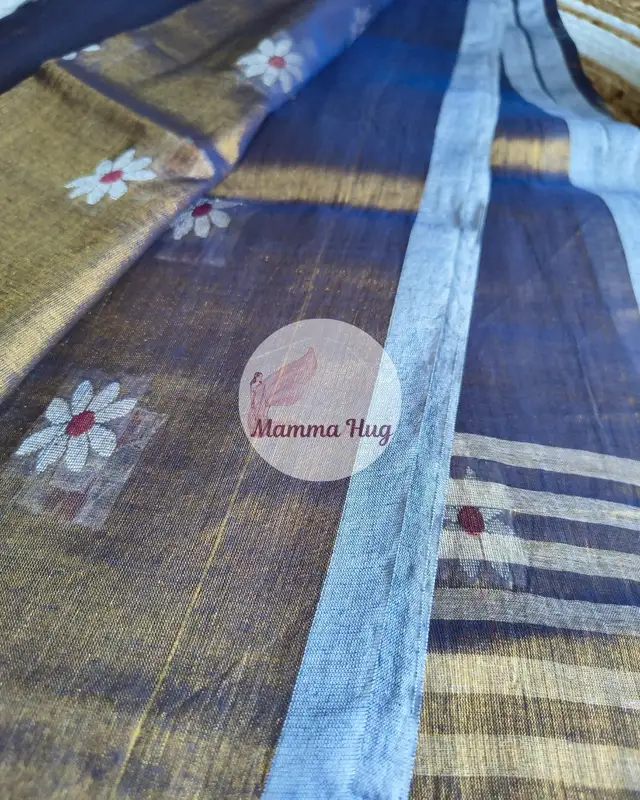 Cotton Tissue Saree with Machine Embroidery Design - Golden Blue