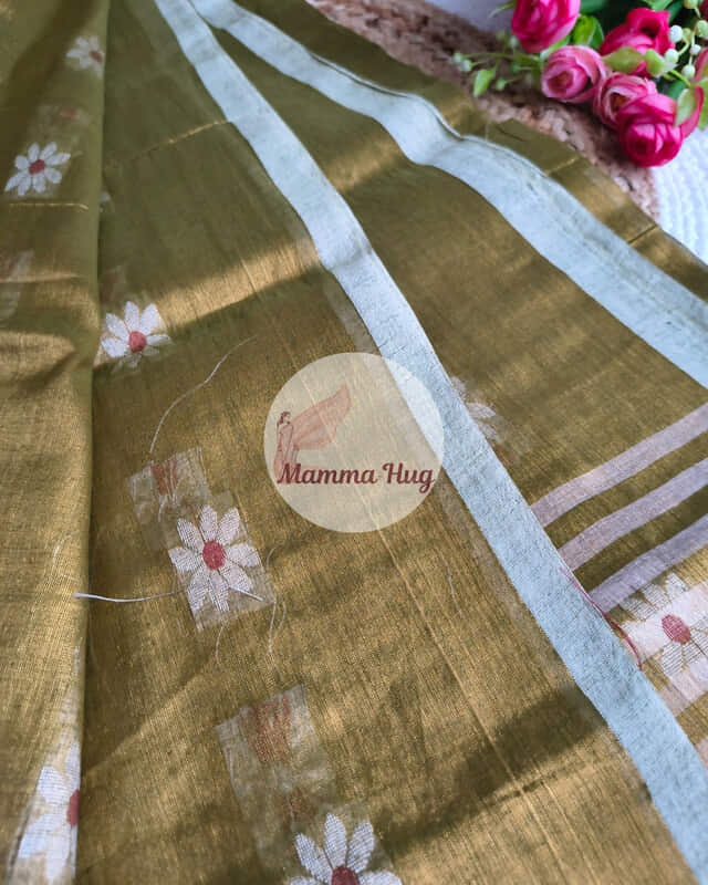 Cotton Tissue Saree with Machine Embroidery Design - Grey Brown