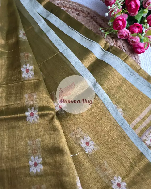 Cotton Tissue Saree with Machine Embroidery Design - Grey Brown