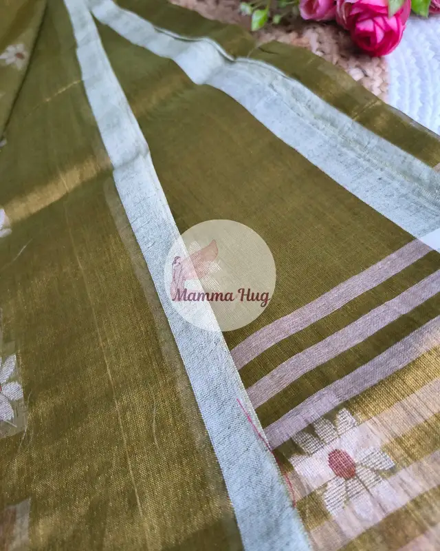 Cotton Tissue Saree with Machine Embroidery Design - Grey Brown