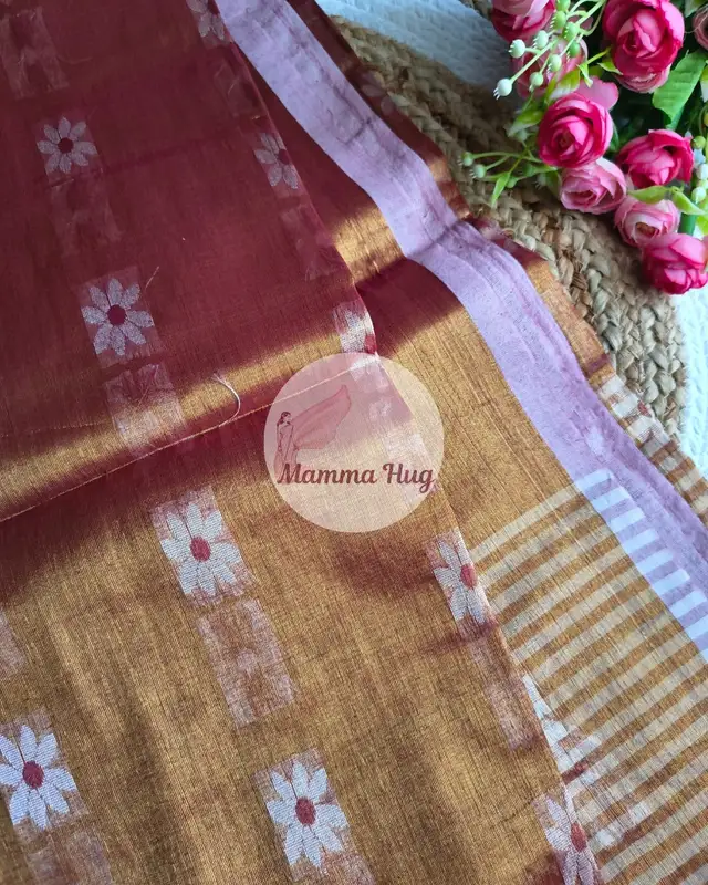Cotton Tissue Saree with Machine Embroidery Design - Red