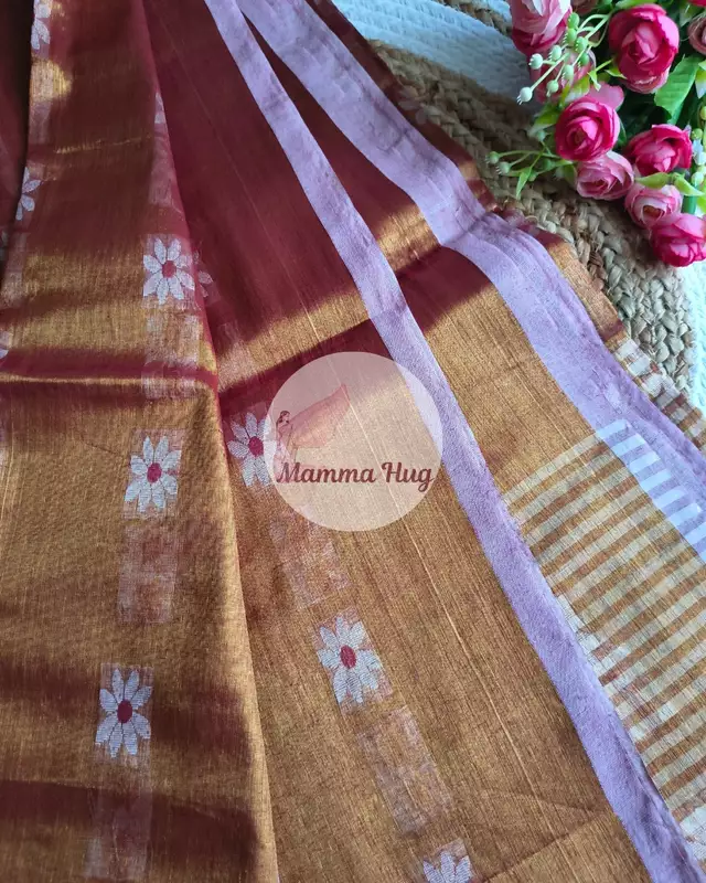 Cotton Tissue Saree with Machine Embroidery Design - Red