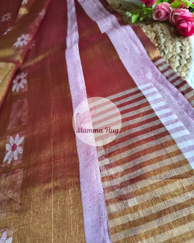 Cotton Tissue Saree with Machine Embroidery Design - Red