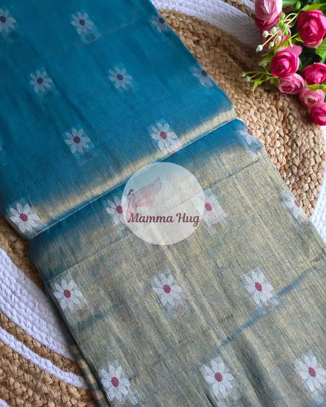 Cotton Tissue Saree with Machine Embroidery Design - Sea Blue