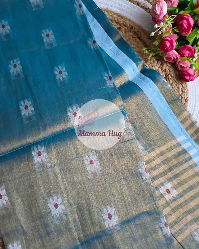 Cotton Tissue Saree with Machine Embroidery Design - Sea Blue